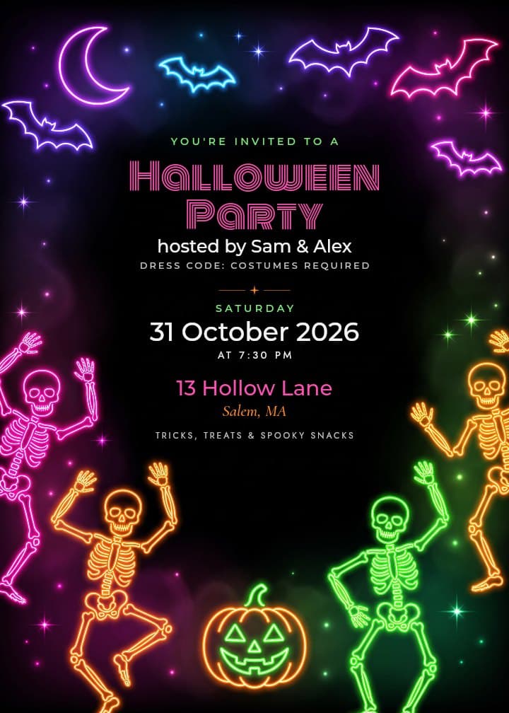 Neon Skeleton Party — neon invitation card design